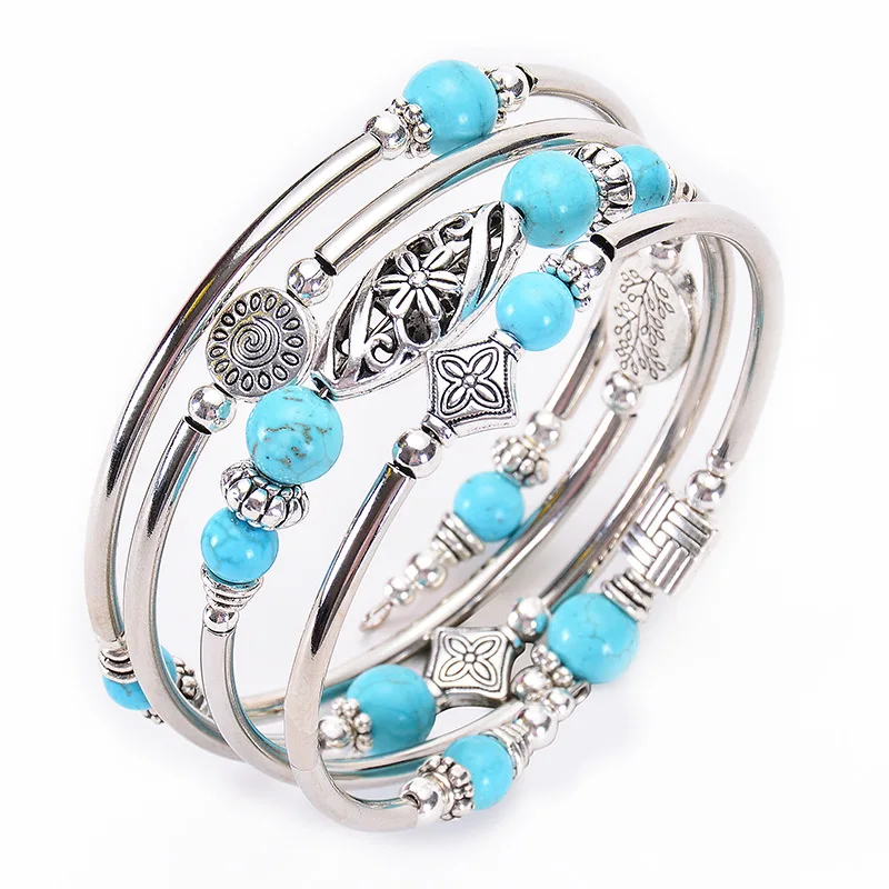 New Natural Turquoise/Tigereye Winding Multi-Circle Layered Natural Stone Beaded Bracelet for Women