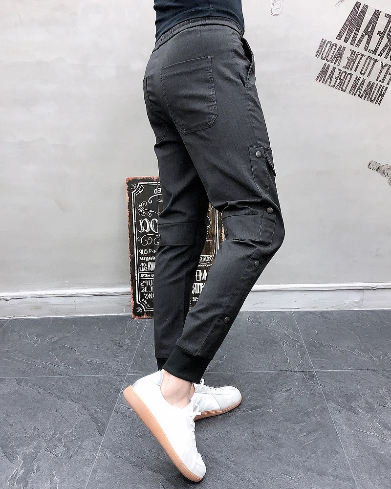 Весенне-осенние черные джоггеры Мужская модная уличная одежда мужские шаровары облегающие повседневные брюки с пуговицами мужские брюки подходят ко всему 36