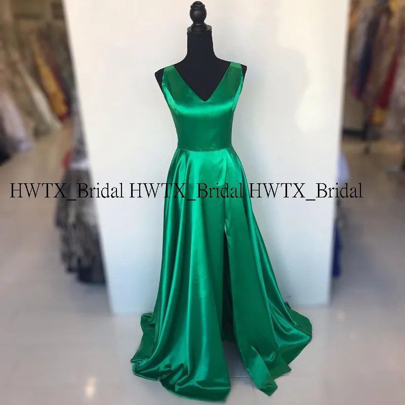 HWTX_Bridal, простое зеленое платье для выпускного вечера, без рукавов, v-образный вырез, с высокими разрезами, а-силуэт, длинное атласное вечернее платье для женщин, официальное платье на заказ