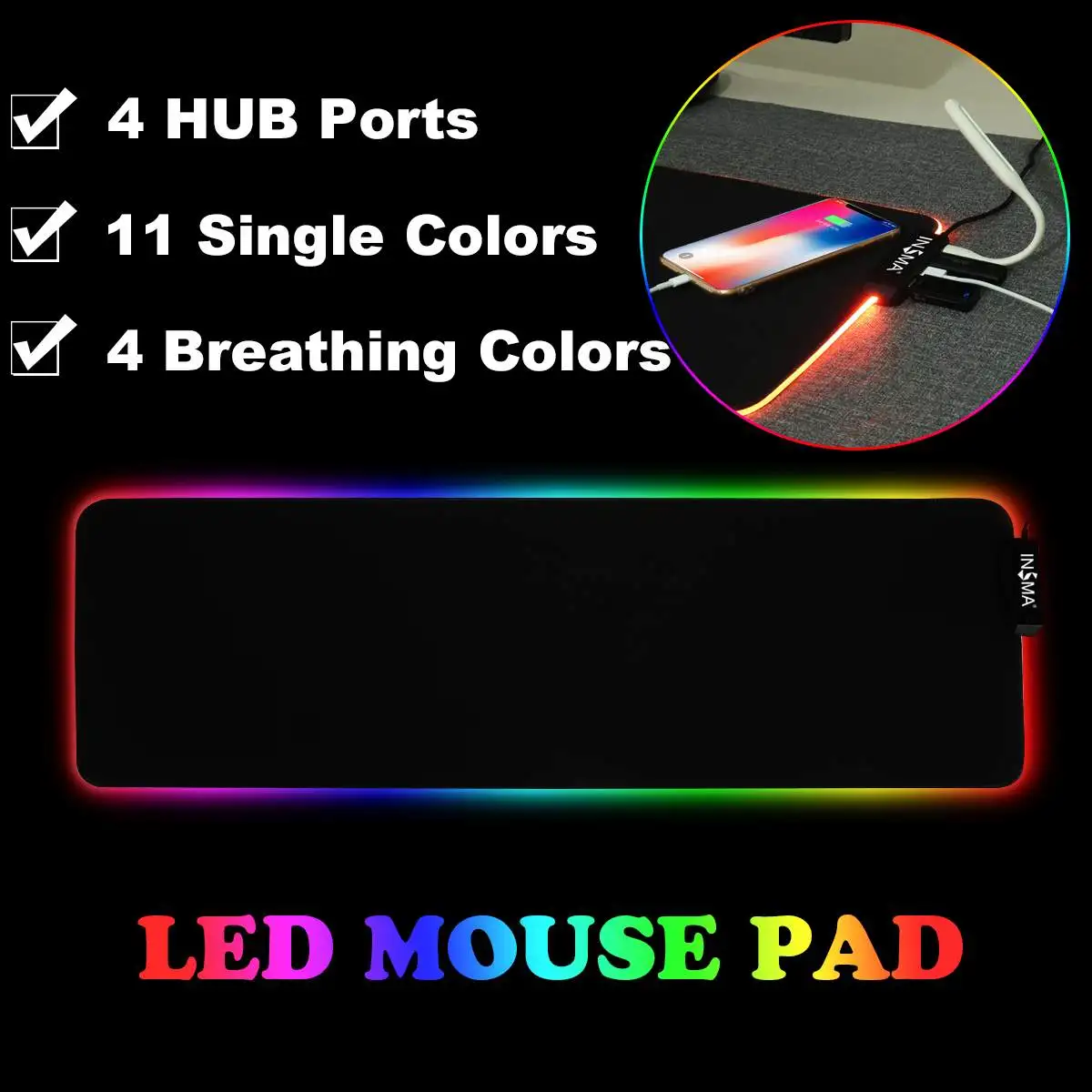 

LED Gaming Mouse Pad RGB With 4 HUB USB Ports Large Gamer Mouse Pads Non-slip Desk Mat 800X300X3mm For PC Laptop