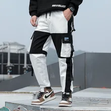 Мужские уличные штаны-шаровары с эластичным поясом в стиле панк с лентами, повседневные обтягивающие штаны для бега, мужские брюки в стиле хип-хоп