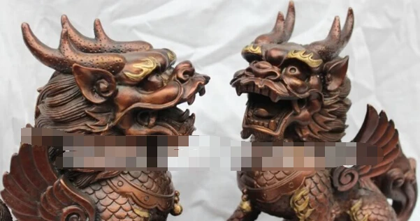 907+ 11" China Chinese Feng Shui Bronze Lucky Kylin Dragon Foo Fu Dog Statue Pair