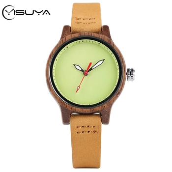 

YISUYA Women's Watch Small Fresh Green Wooden Watch Leather Bangle Ladies Dress Watches Slim Super Light Clock Female Wristwatch