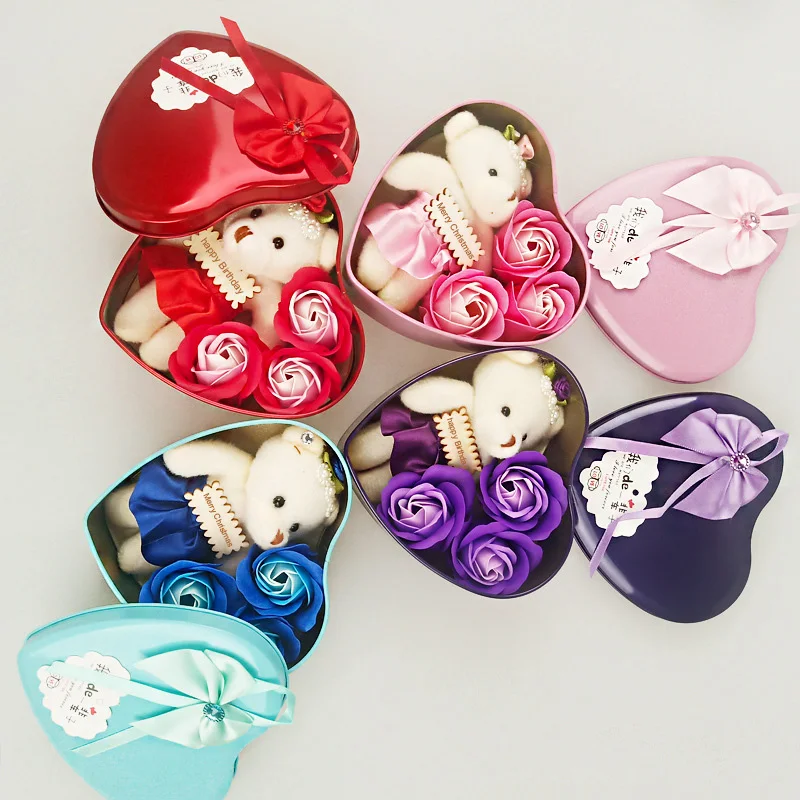 

3 Flower-shaped Soap Rose Soap with Little Bear and Heart-shaped Storage Box Romantic Gift for Lovers Girlfriends SEP99