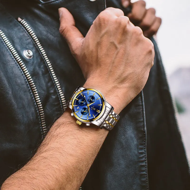 Топ бренд класса люкс нержавеющая сталь Спортивный Хронограф Мужские наручные кварцевые часы браслет мужские часы Relogio Masculino