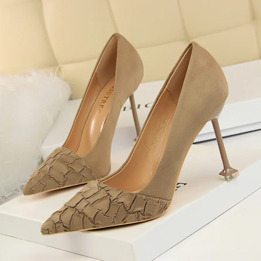 

1716-19 Korean-style Slimming WOMEN'S Shoes High-Heel Suede Stone Pattern Shallow Mouth Pointed Sexy Nightclub Shoes High Heel S