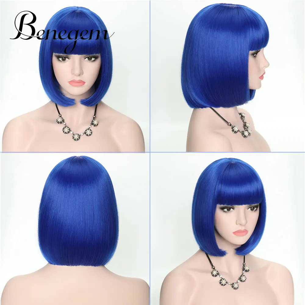 Benegem Ombre боб парик с челкой 3 тона 12 дюймов короткие прямые некружевные синтетические косплей костюм вечерние парики для женщин - Цвет: Sapphire Blue
