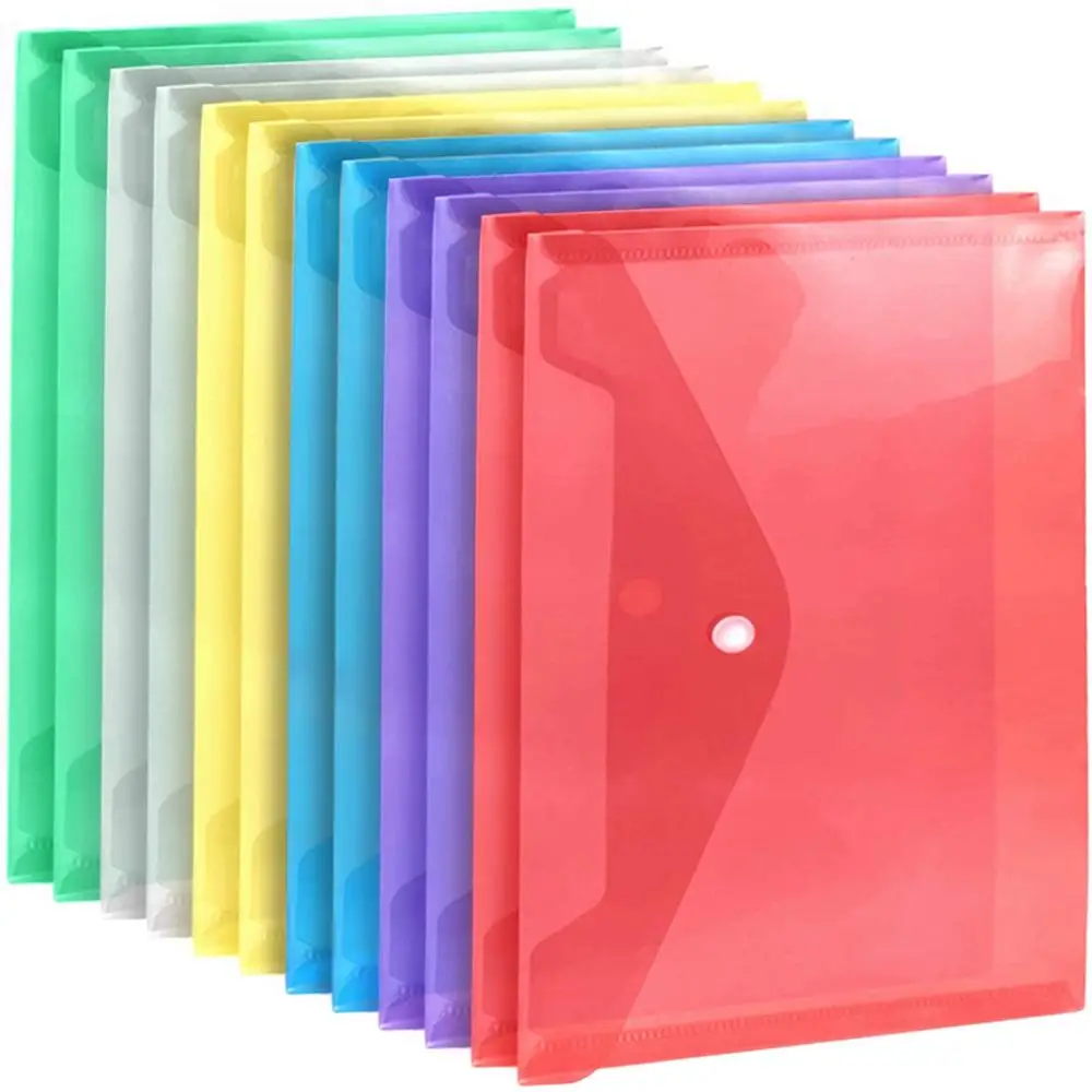 A4 Plastic Envelopes Poly Envelopes Clear File Bags Document Folders Organizers with Snap Buttonin 6 Colors Stationery Cases