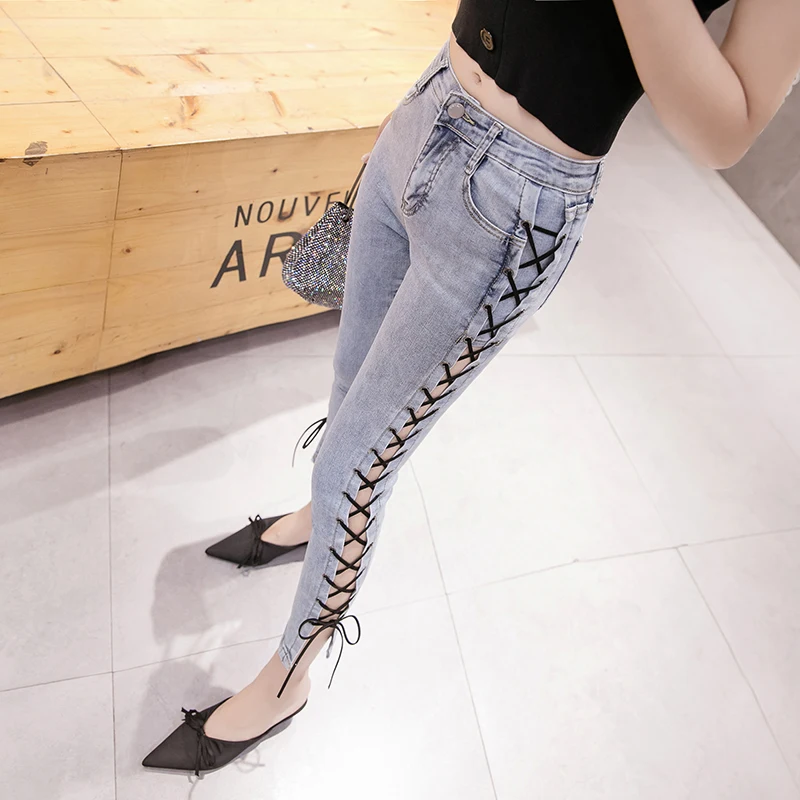 

2020 Summer New Women's Korean Version of The Wild High Waist Small Feet Pencil Pants Strap Casual Jeans