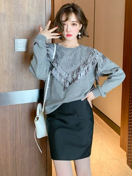 

Stitching layers of lotus leaf lace trim pullover sweater + high waist bag hip half skirt suit women's 2020 autumn new