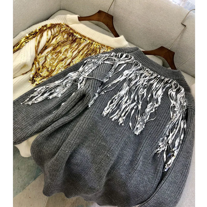 Высокая уличный стиль Роскошная задняя Бисер бахромой декоративные пуловер вязаный свитер с круглой горловиной и длинные свитера Для женщин Осенняя одежда для вечеринок