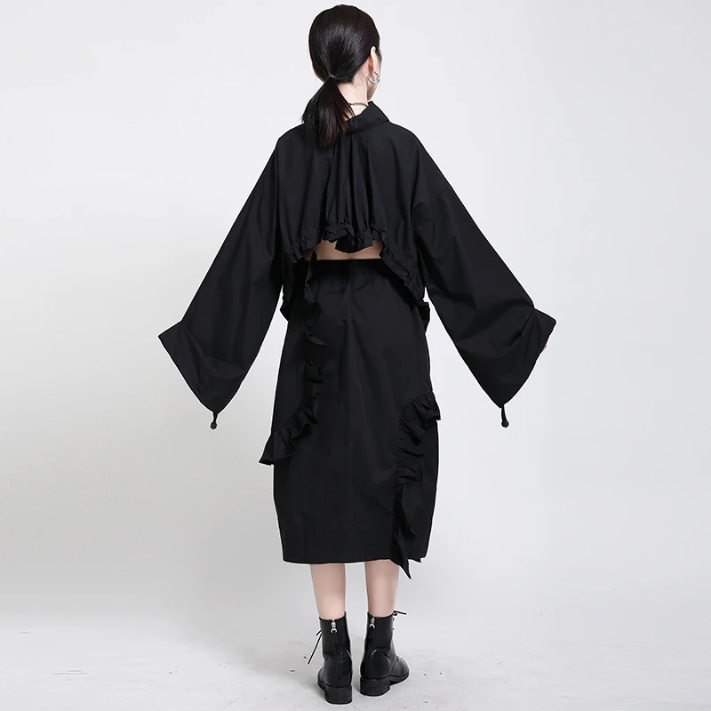 [EAM] Women Black Drawstring Backless Short Big
