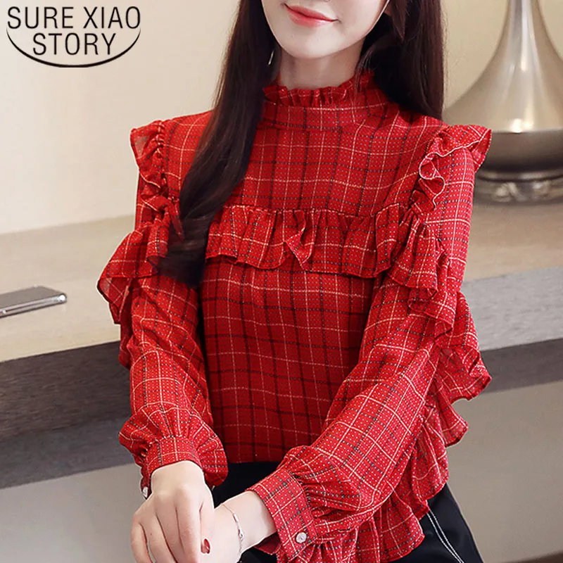 

2019 Autumn Fashion Women Blouses Long Sleeve Chiffon Ruffles Women Tops Red Plaid Stand Women Clothing Office lady 5306 50