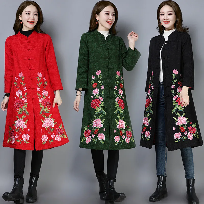 Autumn And Winter New Style Retro National Wind Embroidered Jacquard Mid-length Cardigan Trench Coat Cotton Linen Coat Women's