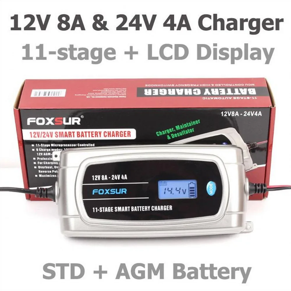 

Foxsur 24V 4A 12V 8A Full Automatic Car Battery Charger Pulse Repair LCD Display Smart Fast Charge AGM Deep Cycle GEL Lead-Acid