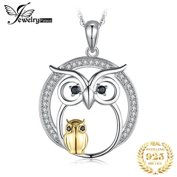 

JPalace Owl Natural Black Spinel Pendant Necklace 925 Sterling Silver Gemstones Choker Statement Necklace Women Without Chain
