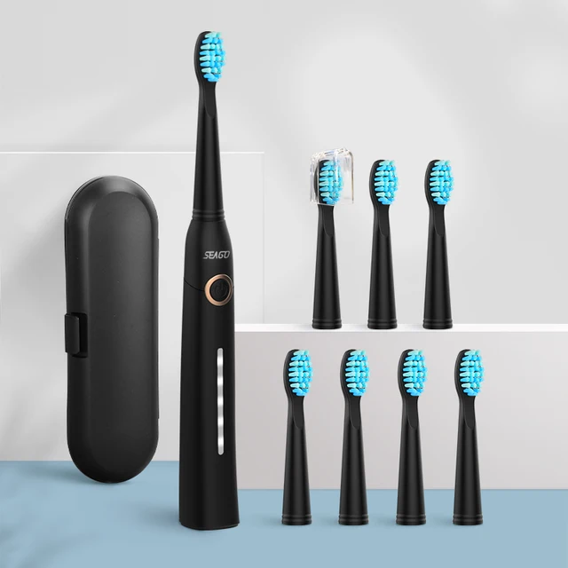 Seago Sonic Electric Toothbrush Tooth brush USB Rechargeable adult Waterproof Ultrasonic automatic 5 Mode with Travel case black 8 heads box