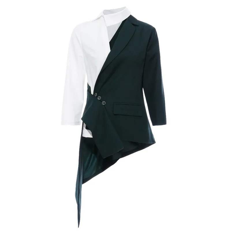 

New Retro Modern Fashion Slim Personality Asymmetric Stitching Color Matching Small Suit Temperament British Coat Female