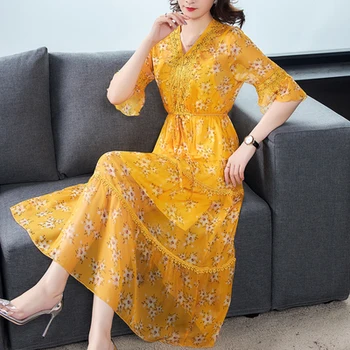 

2020 Summer Style Women Two Piece Dress Sets Yellow Floral Print Elegant Fashion Lace Patchwork V-neck Ladies Dresses Slim 3xl