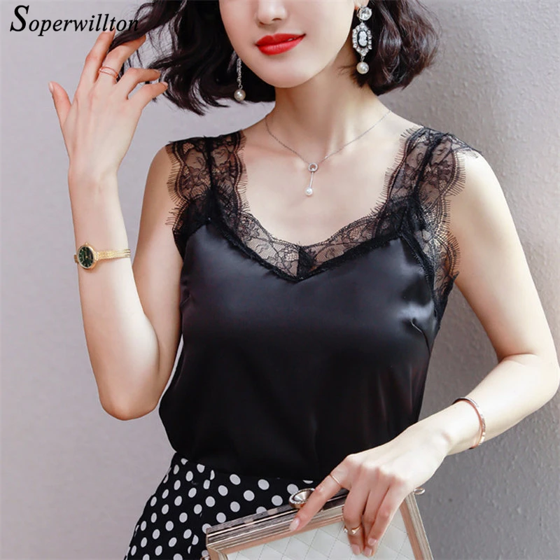 Летние кружевные топы для женщин, сексуальные шелковые женские камзол, нижняя рубашка с v-образным вырезом, высокое качество, женская футболка, Мягкая атласная майка