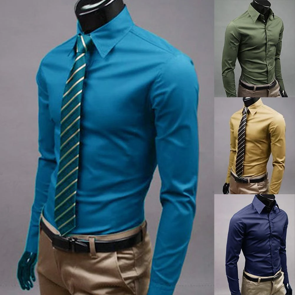 Camisa de vestir para hombres 2019 nueva moda de invierno para hombres de Color sólido de larga de negocios camisa de cuello vuelto de botón de poliéster superior|Camisas informales| - AliExpress