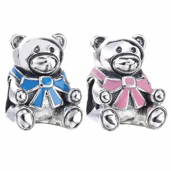 

New 925 Sterling Silver Bead Charm Pink & Blue Enamel Baby Boy & Girl Bow Bear Beads Fit Pandora Bracelet Bangle DIY Jewelry