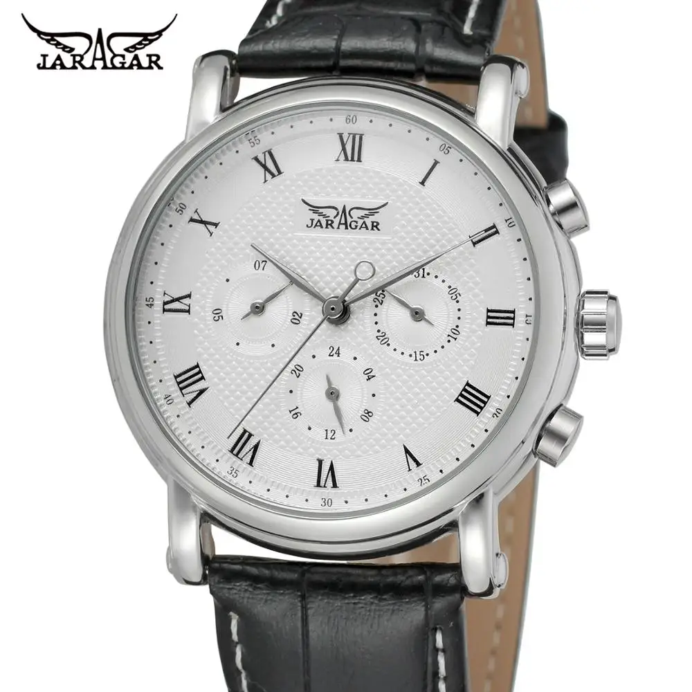 

JARAGAR Fashion Top Brand Luxury Automatic Mechanical Self-wind 24 Hour Week Date Solid Roman Index Dial Pu Leather Men Watch