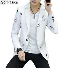 Белый/черный/фиолетовый/синий блейзер с принтом Новое поступление Мужской приталенный повседневный костюм с принтом одна застежка Мужской Блейзер Куртка