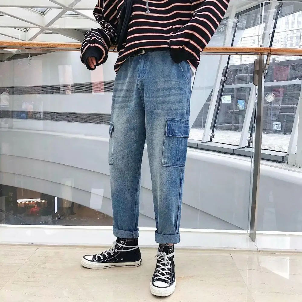 

Wholesale 2019 Spring Autum Letter embroidery men's jeans casual ankle length pants micro-elastic loose young youth jeans