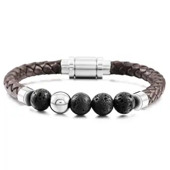 

10MM Black Volcanic Stone Beaded Men Genuine Leather Bracelet Braided Rope Stainless Steel Magnetic Bracelets Bangles for Men