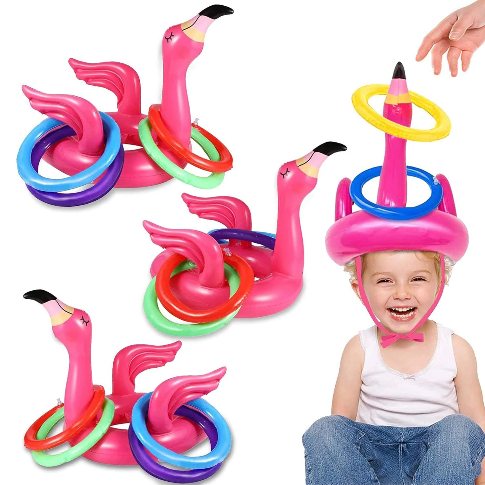 Portable Iatable Flamingo Head Hat With 4Pcs Toss Rings Water Game For Family Party Pink PVC Material Outdoor Pools Fun Toys soft frisbee outdoor family interaction professional hand throwing boomerang children s play toys gift garden beach party games