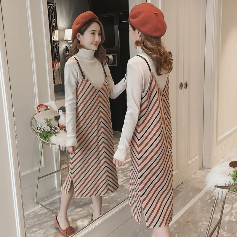 

9346# 2PCS/Set High Neck Knitted Bottoming Shirt + Sling Sweaters Dress Suits Autumn Winter Clothes for Pregnant Women Pregnancy