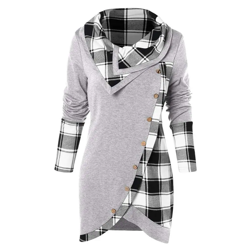 Женские свитшоты размера плюс, Женские топы и блузки, винтажная Клетчатая блуза на пуговицах с длинным рукавом, женская одежда, Черная пятница, предложения - Цвет: Grey