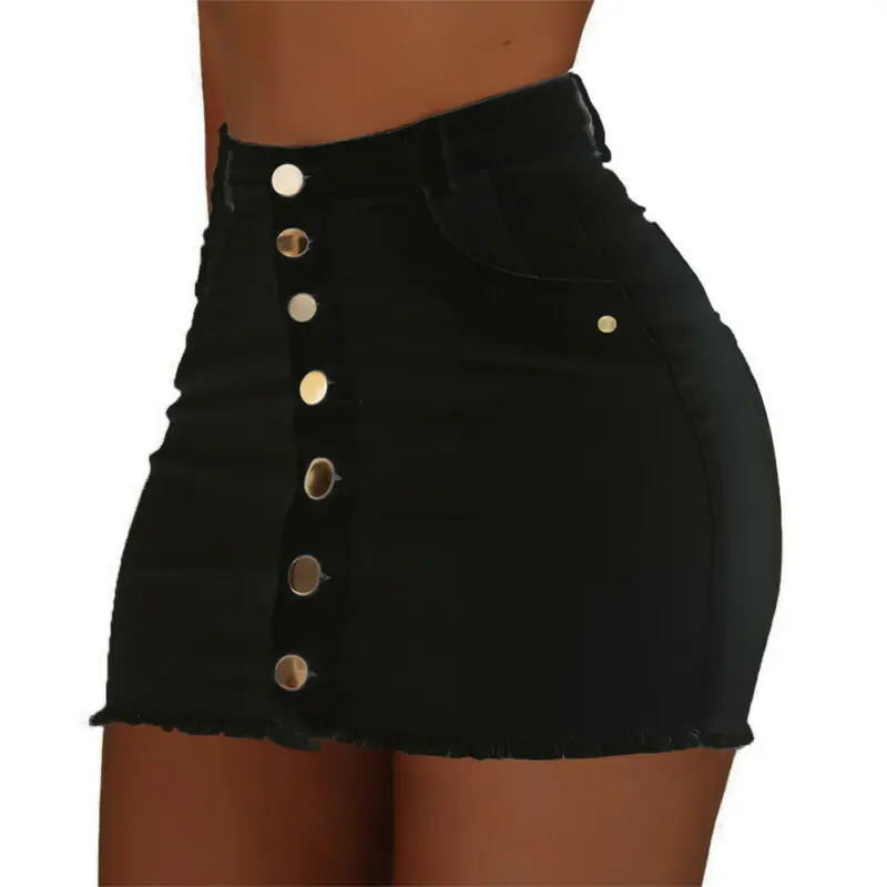 Front Button High Waist Denim Mini Skirt-2