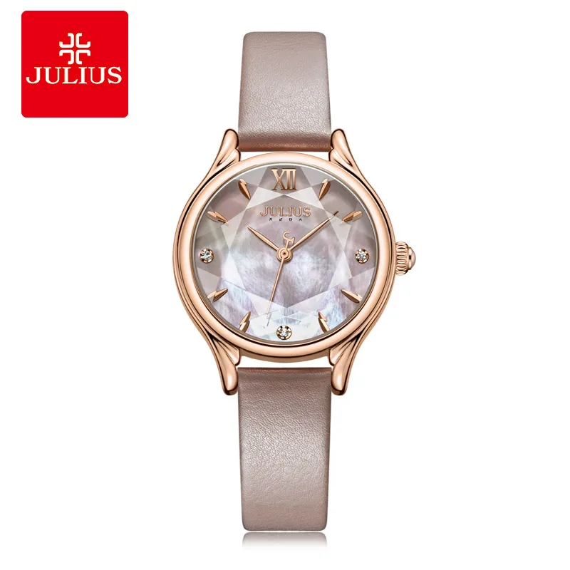 Женские кварцевые наручные часы Julius простые кожаные с текстурой корпуса модные