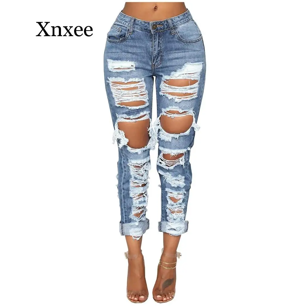 Sexy Hole Boyfriend Jeans Women High Waist Elastic Ripped Mom Jeans Streetwear Slim Denim Pencil Pants Ladies Skinny Trouser