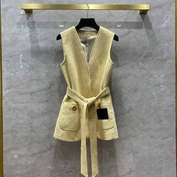 

High-end Desigan Women Woolen Belt Sleeveless Cardigan Coat Mid-length 2020 Autumn Fashion Luxury Wild Yellow Vest Jacket
