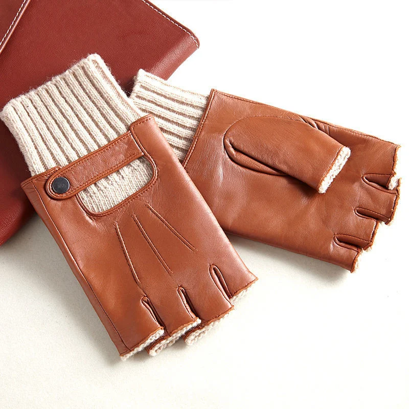 

Fashionable Man Half Finger Sheepskin Gloves Autumn Winter Fingerless Knitted Cuff Warm Real Leather Driving Gloves