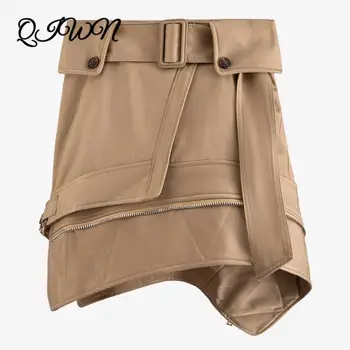

Runway Brand High Waist Tooling Zipper Stitching Irregular Khaki Belt Wild A-line Skirt Women Casual Street Mini Skirts Clothing