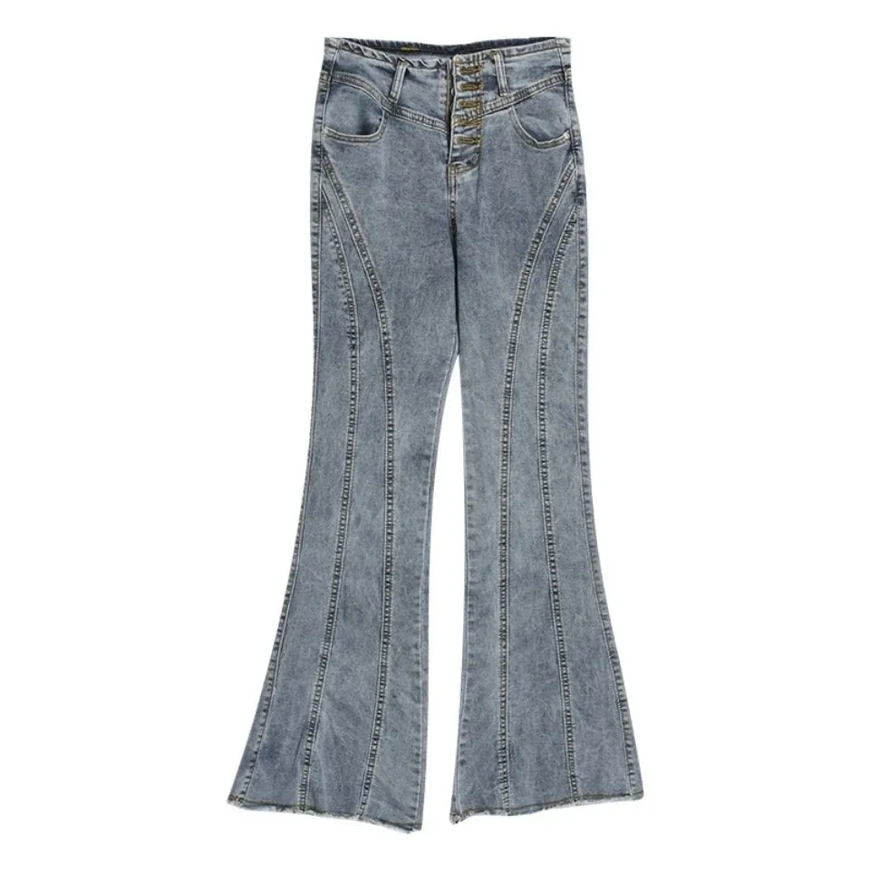 Women's Single Breasted High Waist Flare Jeans Summer Autumn Slim Long Boot Cut Denim Pants Ladies Streetwear Jeans