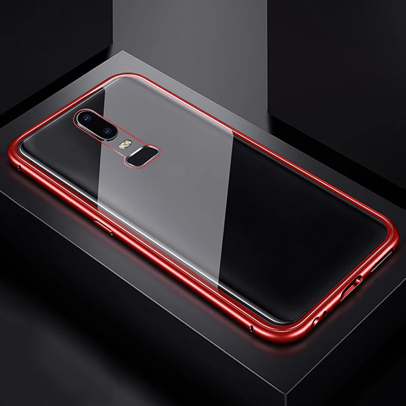 Металлический чехол с магнитной адсорбцией для Oneplus 7 Pro 6T 5T One plus, чехол для телефона, магнитное защитное стекло, задняя крышка, чехол - Цвет: Clear With Red