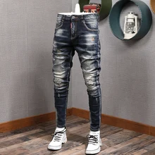 Pantalones vaqueros rasgados y elásticos para hombre, ropa de calle a la moda, de corte ajustado, diseño pintado, Hip Hop, Punk, para motorista