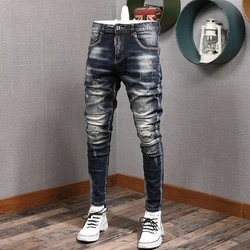 Pantalones vaqueros rasgados y elásticos para hombre, ropa de calle a la moda, de corte ajustado, diseño pintado, Hip Hop, Punk, para motorista