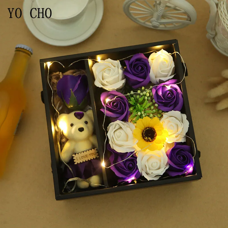 D-purple(with light) YO CHO, искусственное мыло, роза, цветок, светодиодный светильник, медведь, мыло, цветок, на День святого Валентина, на день матери, Рождество, Подарочная коробка, домашний декор - Цвет: D-purple(with light)