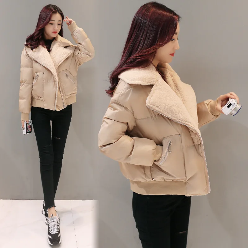 

Off Season Korean-style Winter Cotton Coat New Style Short Fold-down Collar Faux Lambswool Jacket Cotton Overcoat Women's Small