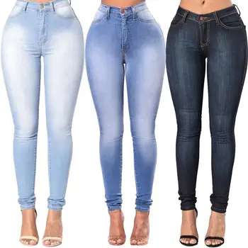 

High Quality Fashion Women High Waist Elastic Skinny Jeans Slim Fit Washed Denim Cowboy Streetwear Long Pencil Pants Trousers