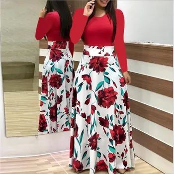 

Spring Autumn For Women Dress 2020 Casual Long Sleeve O-neck Tunic Patchwork Dresses Fashion Vintage Print Maxi Dress Vestidos