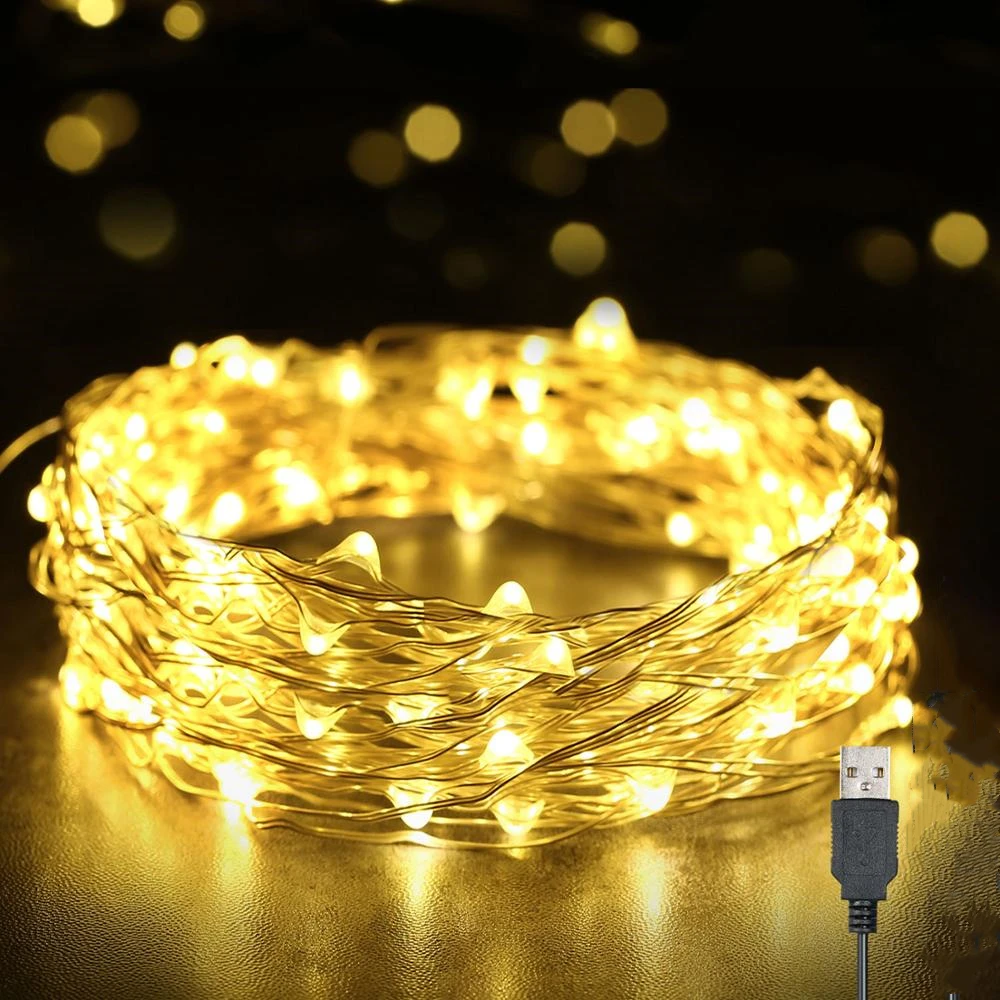 Cadena de luces LED impermeables con USB, cadena de alambre de cobre plateado, luces de Hada para exteriores de vacaciones para decoración de boda y fiesta de navidad
