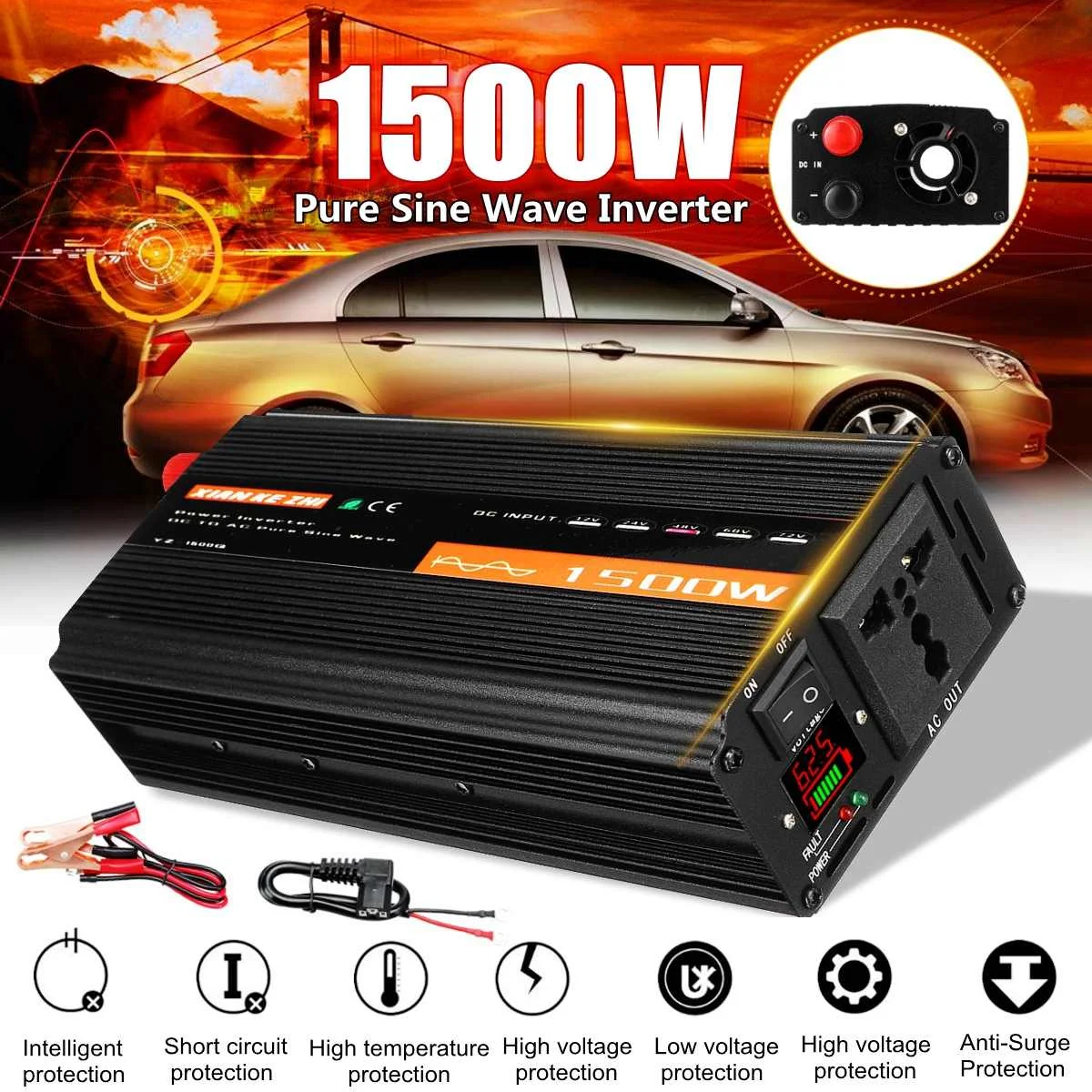 

Pure Sine Wave Inverter DC 12V/24V/48V To AC 220V 1500W Voltage Transformer Power Converter Car Inverter~LCD Display