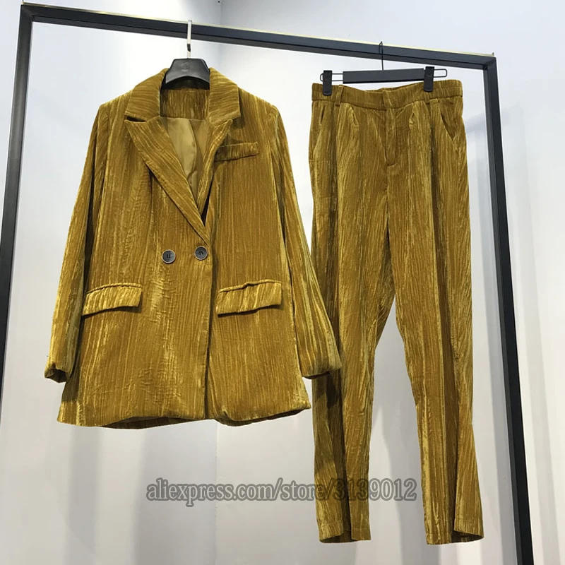 yellow set Зимний бархатный костюм, брючный костюм для женщин, комплект с блейзером, Garnitur Damski Traje Mujer, костюм, Tailleur Femme Pantalon Et Veste, элегантный - Цвет: yellow set